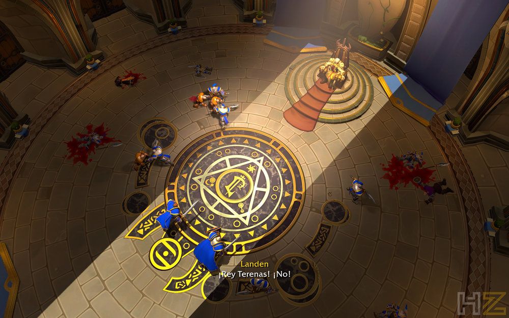 Vista aérea de la sala del trono en Warcraft III Reforged con soldados y símbolos rúnicos en el suelo.