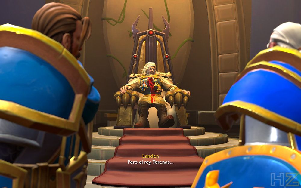Secuencia cinemática de Warcraft III Reforged donde dos caballeros observan a un personaje sentado en un trono al final de una alfombra roja.