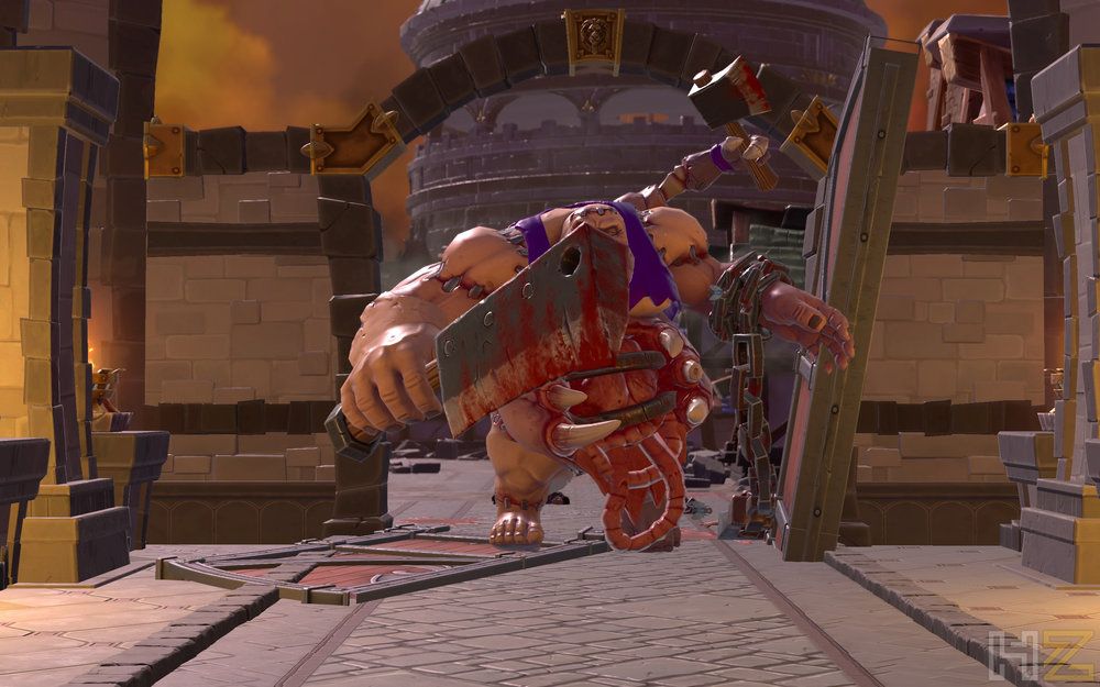 Un Abominación de los No Muertos blandiendo un hacha de carnicero ensangrentada en una calle empedrada de Warcraft III Reforged.