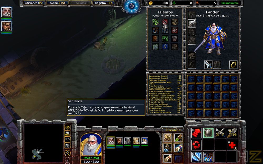 Interfaz de gestión de personaje y talentos en una partida de Warcraft III Reforged Forsaken Kingdom.