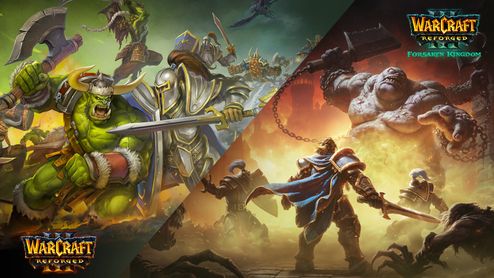 Ilustración dividida de Warcraft III Reforged: Forsaken Kingdom que muestra a un orco y un paladín en combate frente a una escena de guerreros humanos contra un gigante.