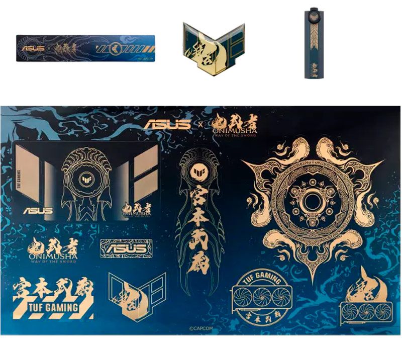 Conjunto de pegatinas y accesorios temáticos de Onimusha para la tarjeta gráfica AMD Radeon RX 9700 XT de ASUS.