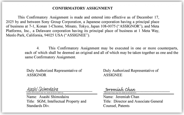 Documento legal de cesión confirmatoria entre Sony Group Corporation y Meta Platforms Inc con firmas de representantes autorizados.