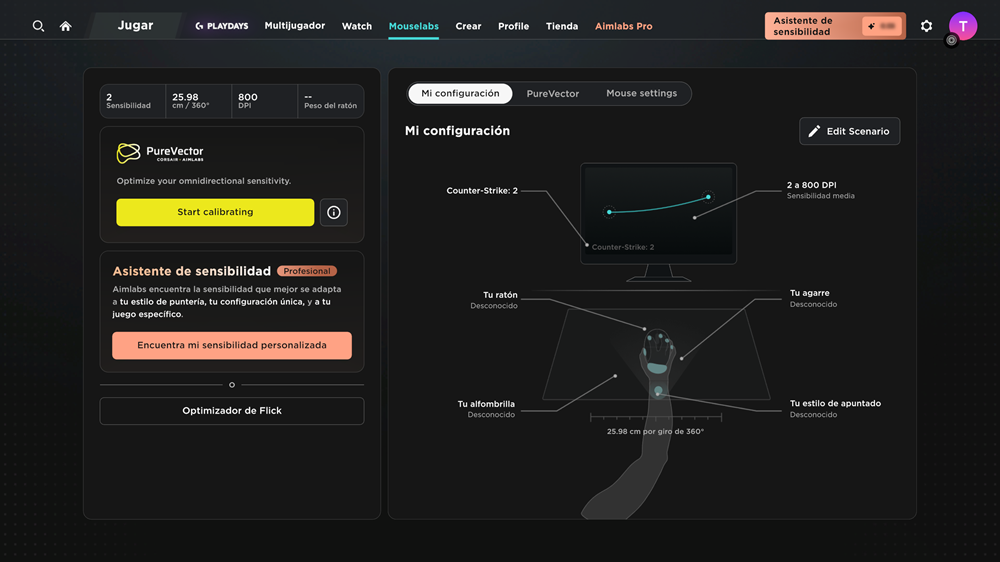 Interfaz de configuración de PureVector en Aimlabs con parámetros de sensibilidad y periféricos.