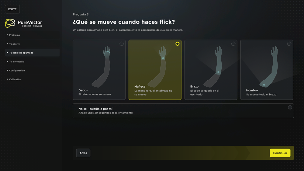 Interfaz de Aimlabs PureVector mostrando un cuestionario de configuración de puntería con opciones para dedos, muñeca, brazo u hombro.