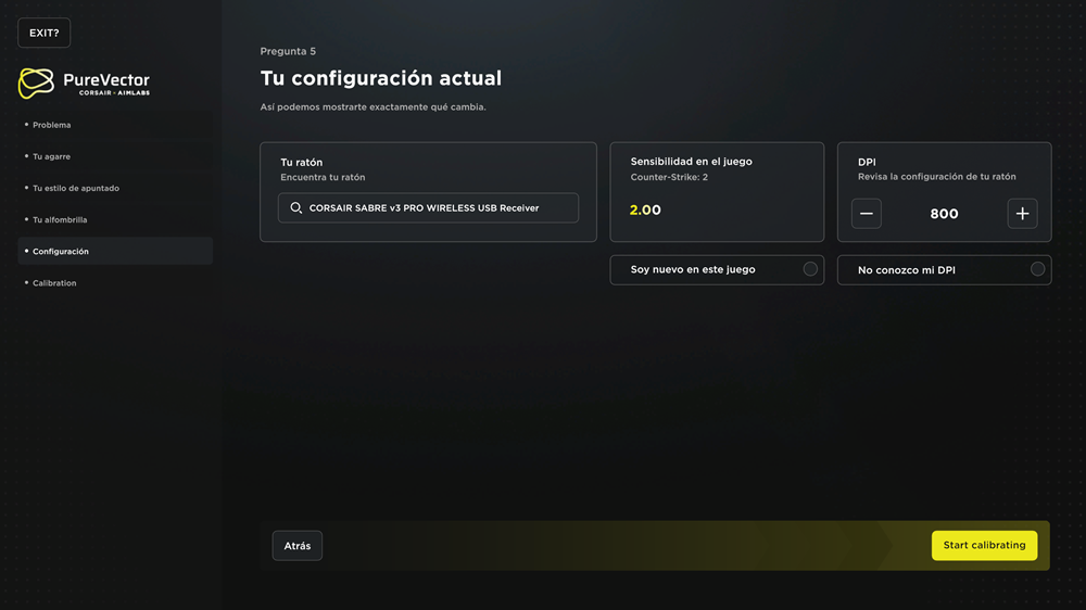 Interfaz de configuración de PureVector donde se muestra la selección del ratón Corsair SABRE v3 PRO WIRELESS, sensibilidad de 2.00 y 800 DPI.