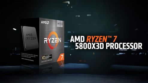 Caja del procesador AMD Ryzen 7 5800X3D sobre un fondo oscuro con elementos tecnológicos.