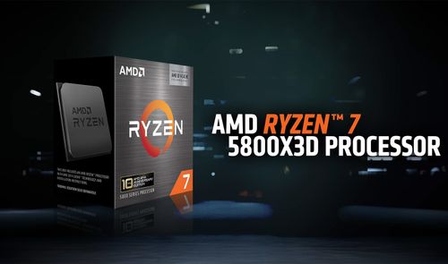 Caja del procesador AMD Ryzen 7 5800X3D sobre un fondo oscuro con elementos tecnológicos.