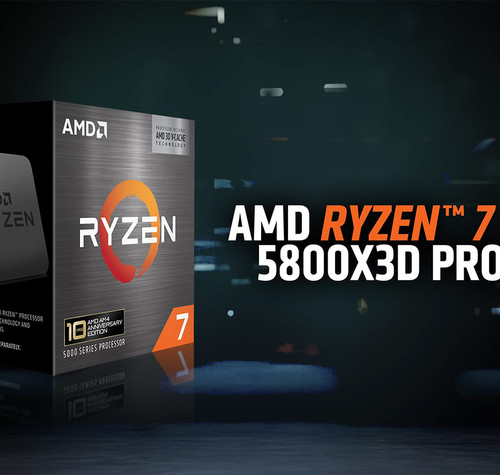 Caja del procesador AMD Ryzen 7 5800X3D sobre un fondo oscuro con elementos tecnológicos.