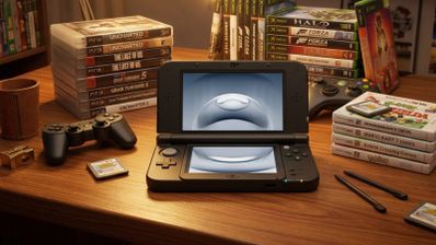 Consola portátil Anbernic RG-DDS abierta sobre una mesa de madera rodeada de juegos y mandos de otras plataformas.