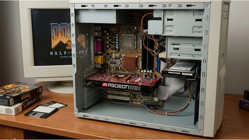Interior de un ordenador antiguo con una tarjeta gráfica ATI RADEON 9700 instalada en la placa base y un monitor CRT al fondo con el logo de Doom 3.