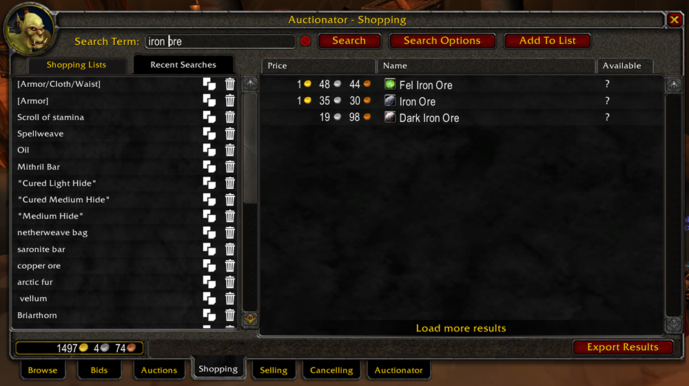 Interfaz del addon Auctionator para la gestión de subastas en un videojuego de rol, mostrando una lista de materiales y precios.