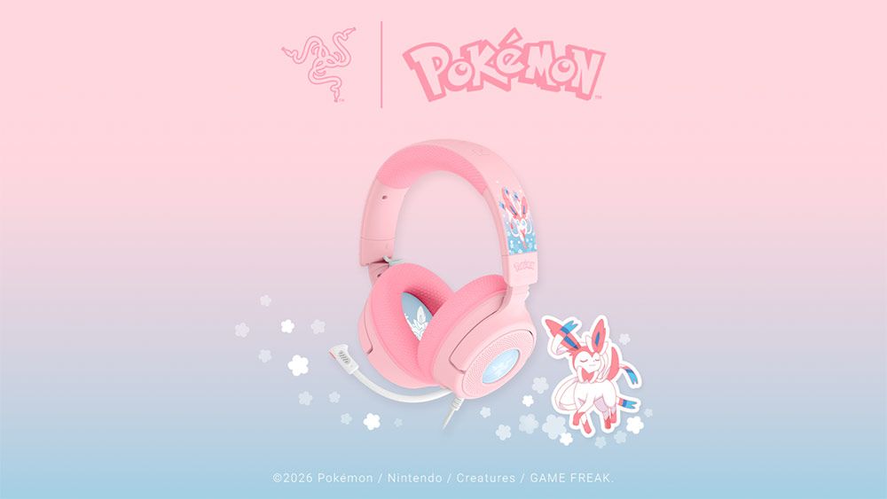 Auriculares Razer Kraken V4 edición especial Sylveon de Pokémon con acabado en rosa y blanco.