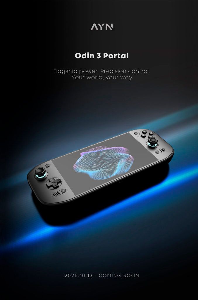 Consola portátil AYN Odin 3 Portal de color gris con joysticks iluminados y pantalla central sobre un fondo oscuro con efectos de luz azul.