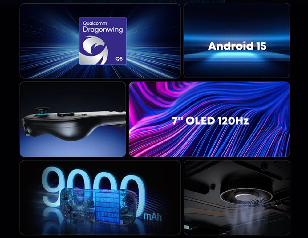 Infografía de especificaciones técnicas de la consola portátil AYN Odin 3 con detalles del procesador Qualcomm Dragonwing G8, batería de 9000 mAh y pantalla OLED de 120Hz.