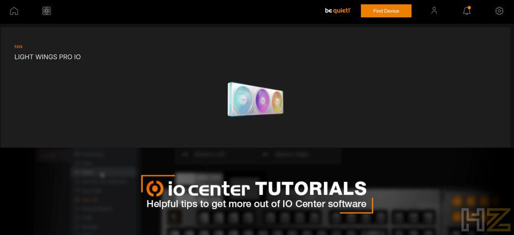 Interfaz de usuario del software IO Center con el menú de configuración para los ventiladores Light Wings Pro IO.