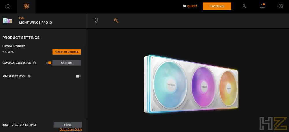Panel de configuración de software para los ventiladores be quiet! Light Wings Pro IO con opciones de calibración de color LED y actualización de firmware.