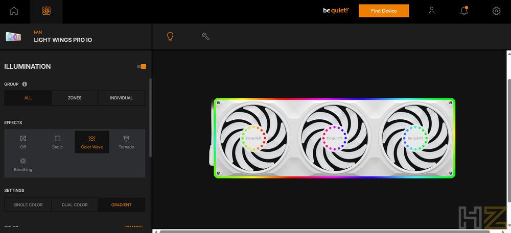 Interfaz de software para el control de iluminación ARGB de los ventiladores be quiet! Light Wings Pro IO.