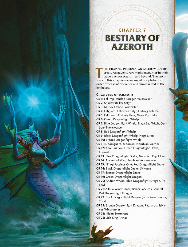 Página del manual Bestiary of Azeroth con una ilustración de una Naga y una lista de criaturas clasificadas por nivel de desafío.
