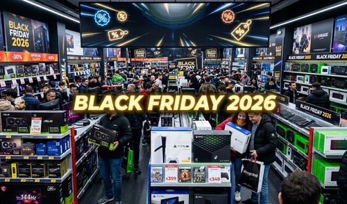 Tienda de informática y hardware llena de clientes durante el Black Friday 2026.