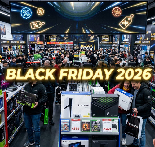 Tienda de informática y hardware llena de clientes durante el Black Friday 2026.