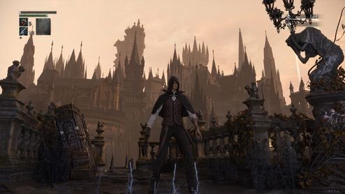 El cazador en Bloodborne frente a las torres de Yharnam con efectos de iluminación avanzados mediante RTX Remix.