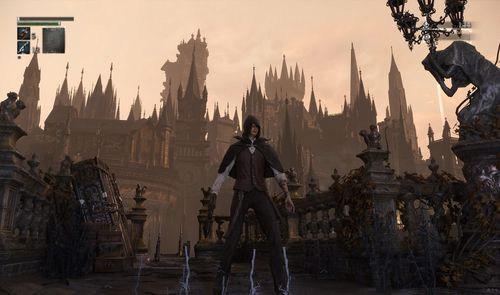 El cazador en Bloodborne frente a las torres de Yharnam con efectos de iluminación avanzados mediante RTX Remix.