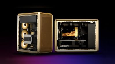 Dos cajas de ordenador MasterFrame 400 Mesh Gold en posición vertical y horizontal mostrando sus componentes internos y acabado dorado.