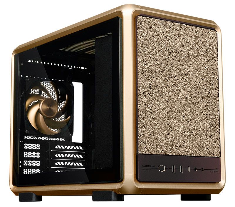 Caja de ordenador MasterFrame 400 Mesh Gold con panel lateral de cristal templado y frontal de rejilla dorada.