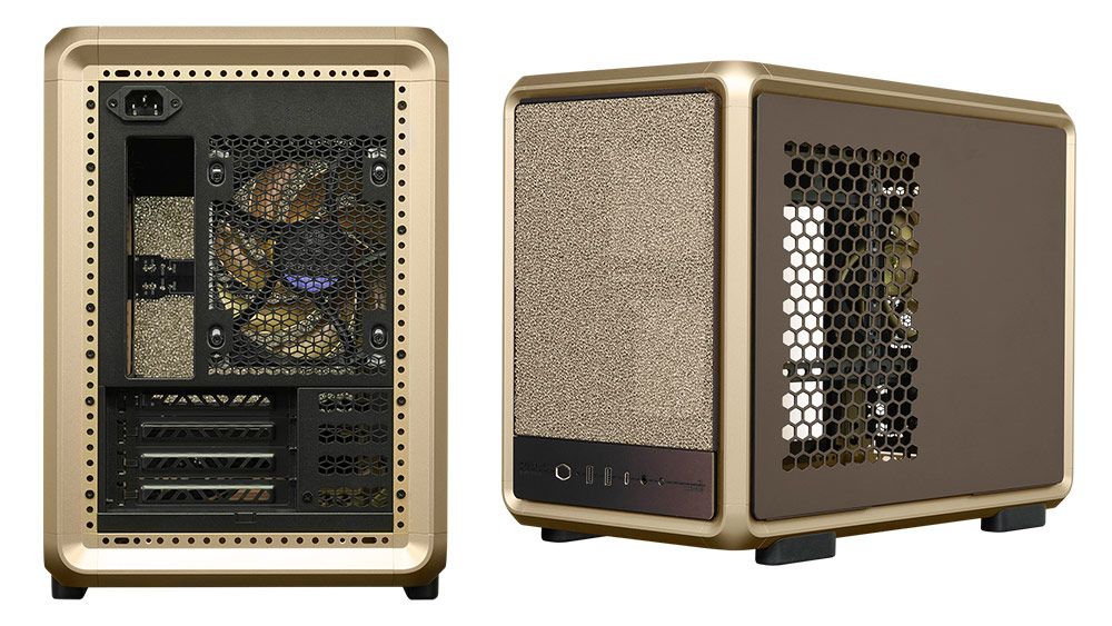 Vista trasera y lateral en perspectiva de la caja de ordenador MasterFrame 400 Mesh Gold con acabado dorado y paneles de rejilla.