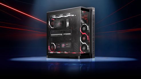 Chasis para PC ASUS ROG Cronos con paneles de vidrio templado e iluminación ARGB en color rojo y blanco.