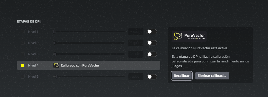 Panel de configuración del software para el ratón CORSAIR SABRE V3 PRO con la función PureVector activa en las etapas de DPI.