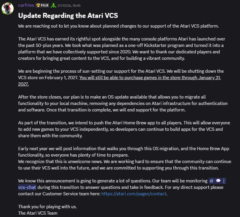 Comunicado oficial sobre el fin del soporte y cierre de la tienda digital de Atari VCS.