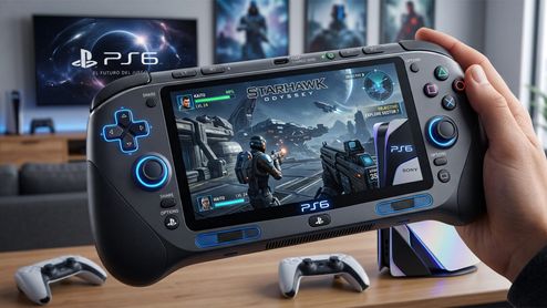 Consola de mano con pantalla panorámica y controles integrados inspirada en la estética de PS6.