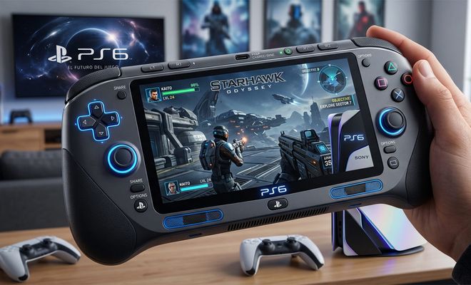 Consola de mano con pantalla panorámica y controles integrados inspirada en la estética de PS6.