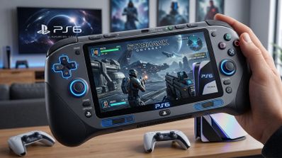 Consola de mano con pantalla panorámica y controles integrados inspirada en la estética de PS6.