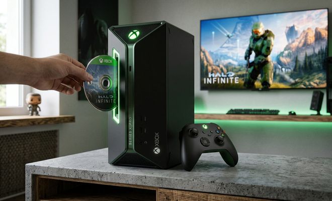 Inserción de un disco físico en una consola con diseño vertical Xbox Helix junto a un mando y una pantalla con Halo Infinite.