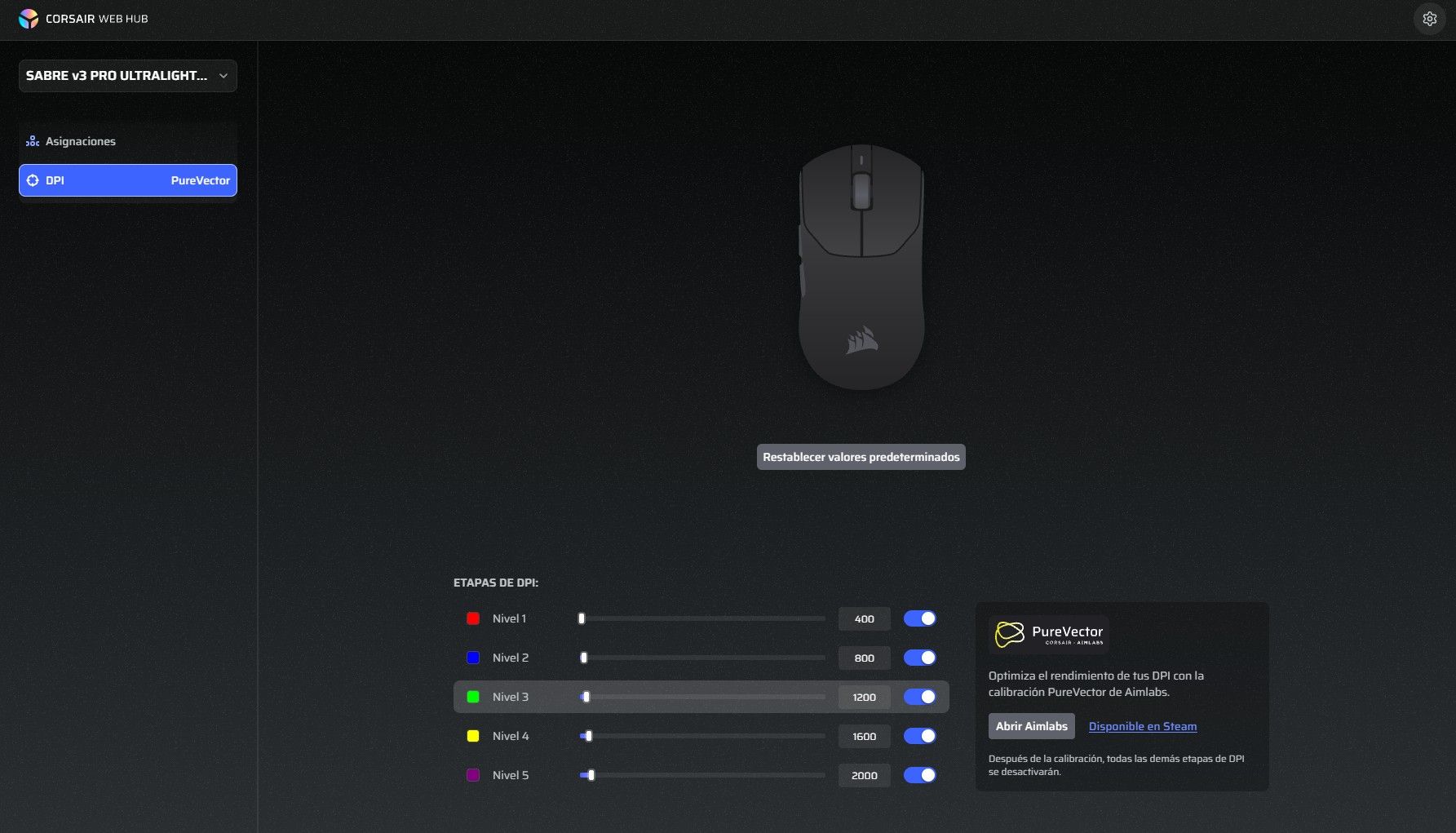 Interfaz de software para ajustar los niveles de sensibilidad DPI en el ratón Corsair SABRE V3 PRO.