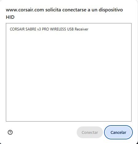 Ventana del navegador solicitando permiso para conectar el receptor USB inalámbrico del Corsair Sabre v3 Pro.