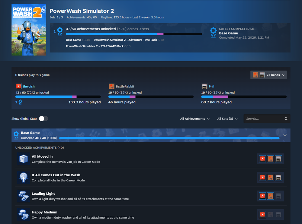 Interfaz de seguimiento de logros en Steam para el videojuego PowerWash Simulator 2, mostrando barras de progreso, estadísticas de juego y comparación entre amigos.