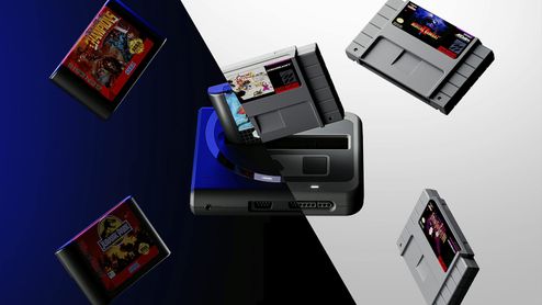 Consolas con tecnología FPGA rodeada de cartuchos de juegos clásicos de 16 bits en un entorno dividido en azul y blanco.