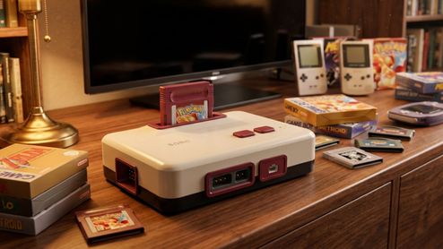 Consola de sobremesa con diseño inspirado en Game Boy sobre un mueble de madera junto a juegos y portátiles clásicas.