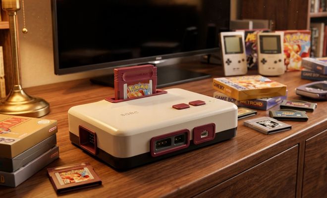 Consola de sobremesa con diseño inspirado en Game Boy sobre un mueble de madera junto a juegos y portátiles clásicas.