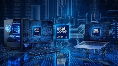 Composición de ordenador de sobremesa y portátil junto al logotipo de Intel Core Ultra sobre un fondo de circuitos integrados azules.