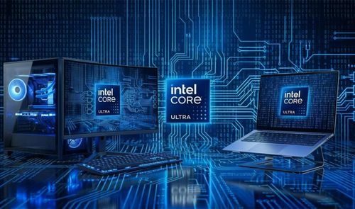 Composición de ordenador de sobremesa y portátil junto al logotipo de Intel Core Ultra sobre un fondo de circuitos integrados azules.