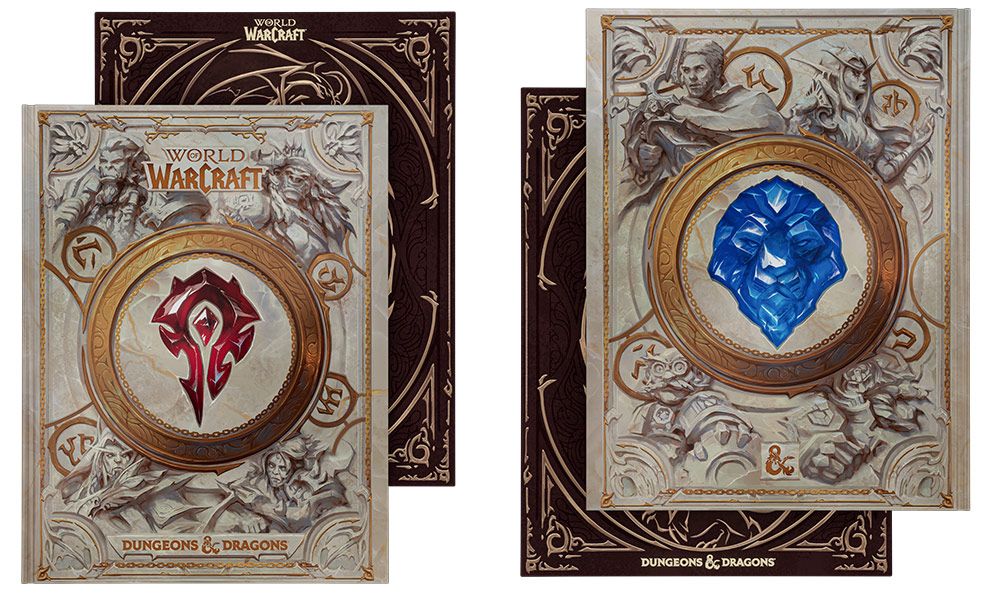 Libros de edición coleccionista de la colaboración entre World of Warcraft y Dungeons & Dragons con los emblemas de la Horda y la Alianza.