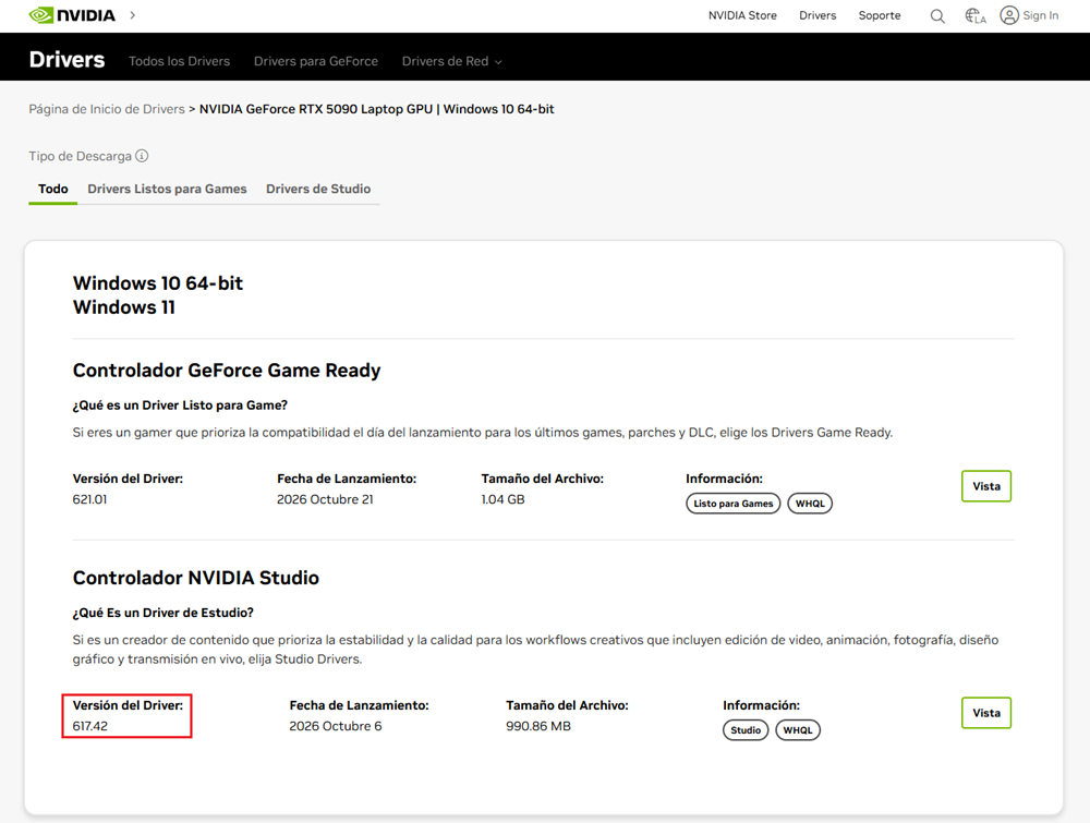 Interfaz de la web de NVIDIA con opciones de descarga de controladores GeForce Game Ready y NVIDIA Studio.