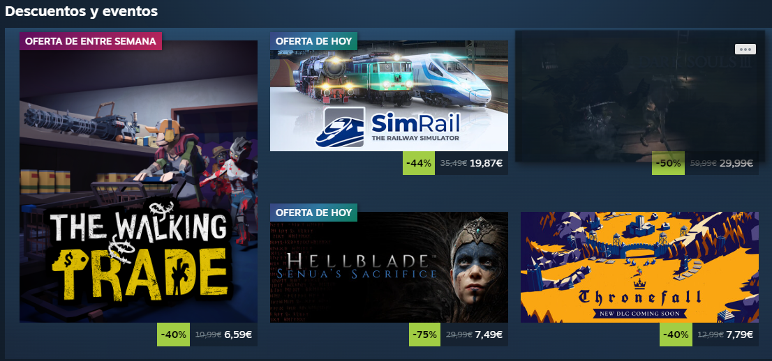 Interfaz de la tienda Steam mostrando una cuadrícula con diversos videojuegos en oferta, incluyendo The Walking Trade, SimRail y Hellblade: Senua's Sacrifice.