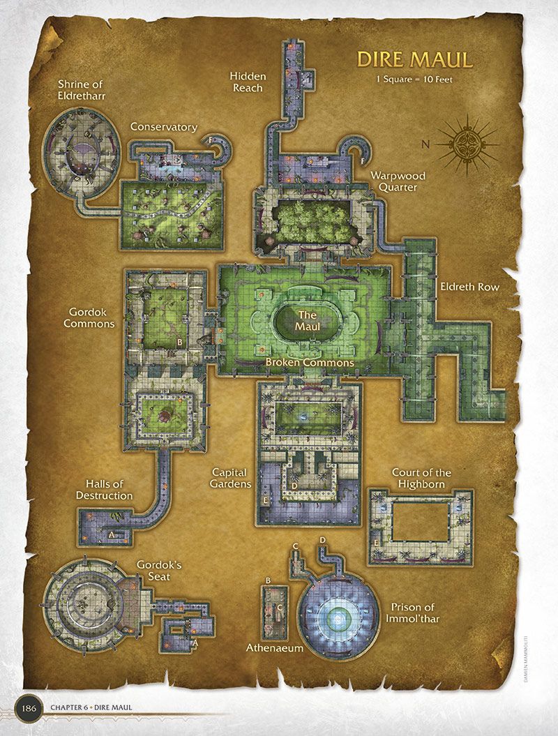 Mapa detallado de Dire Maul sobre una textura de pergamino antiguo con leyendas de zonas como Gordok Commons y The Maul.