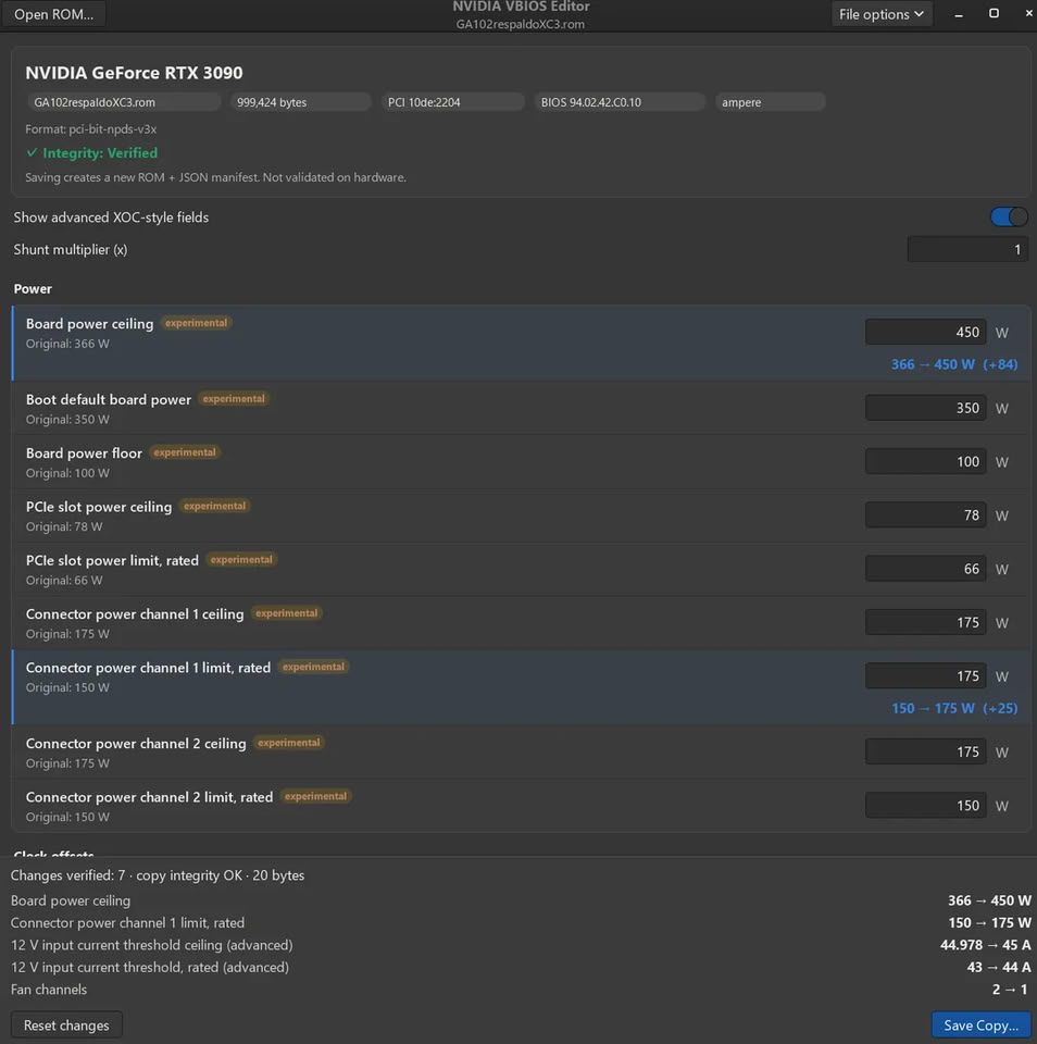 Interfaz del software NVIDIA VBIOS Editor con parámetros de energía para una GPU NVIDIA GeForce RTX 3090.